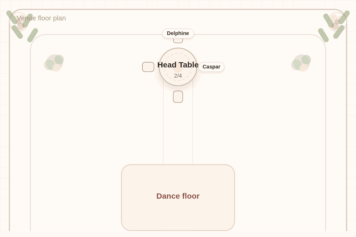 Solved seating chart for 75 wedding guests in a garden layout: a sweetheart table for the couple at the front, a center dance floor, and nine round tables along a clear aisle