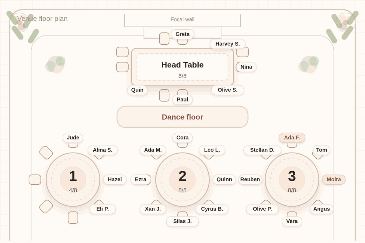 Solved seating chart for 100 wedding guests and five vendors: the officiant at Table 3 in the front row, and the vendors pinned together at Table 13 near the entrance