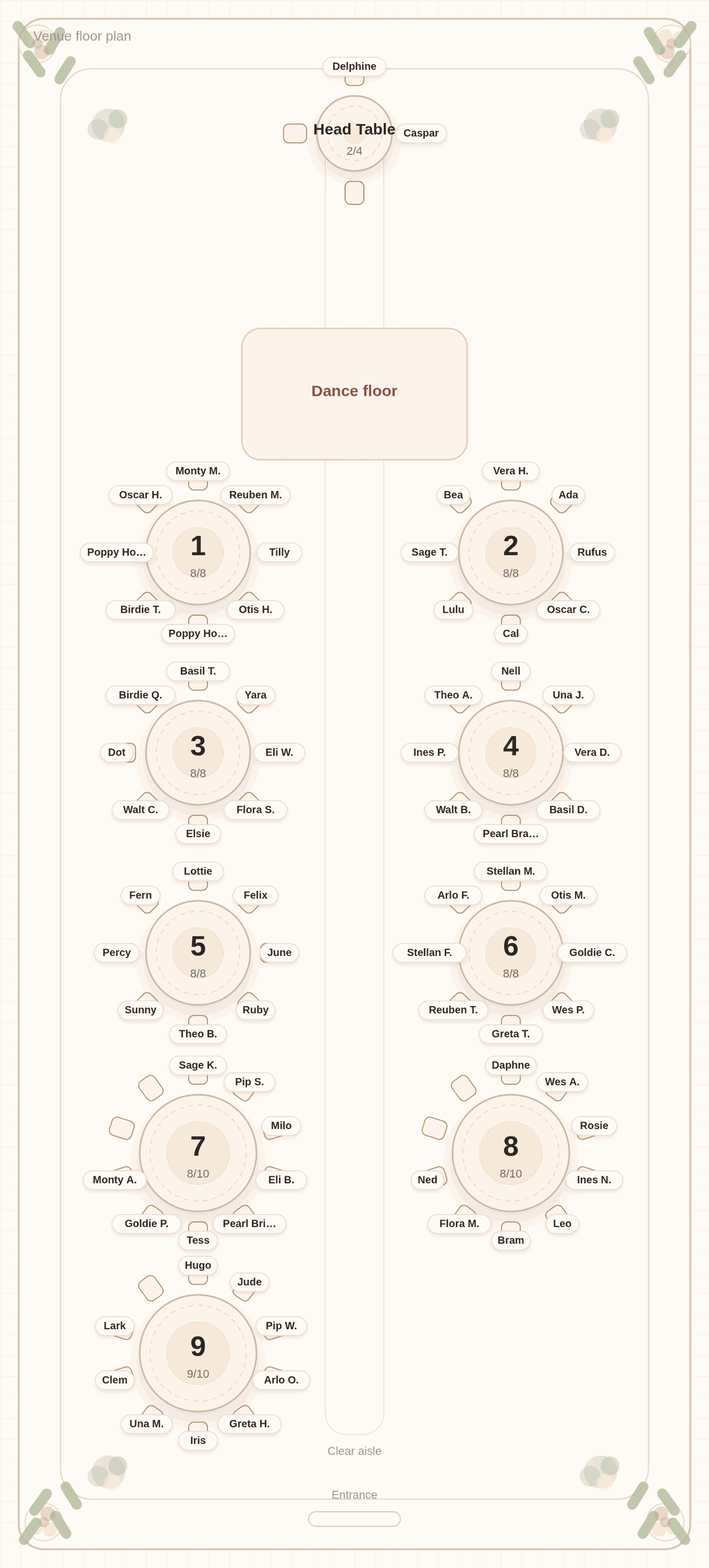 Solved seating chart for 75 wedding guests in a garden layout: a sweetheart table for the couple at the front, a center dance floor, and nine round tables along a clear aisle