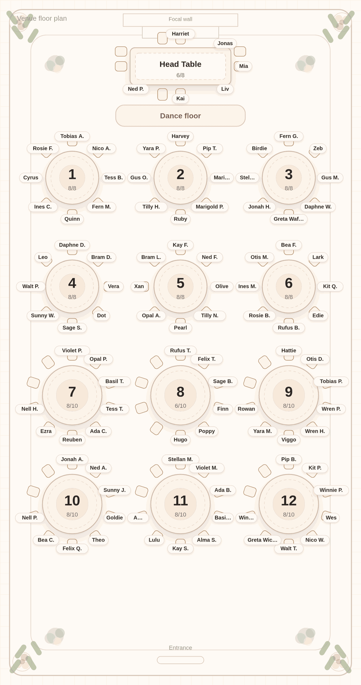 Solved seating chart for 100 wedding guests after a minimal re-solve: three declines removed, one new guest seated at Table 9, and every other guest left at their table
