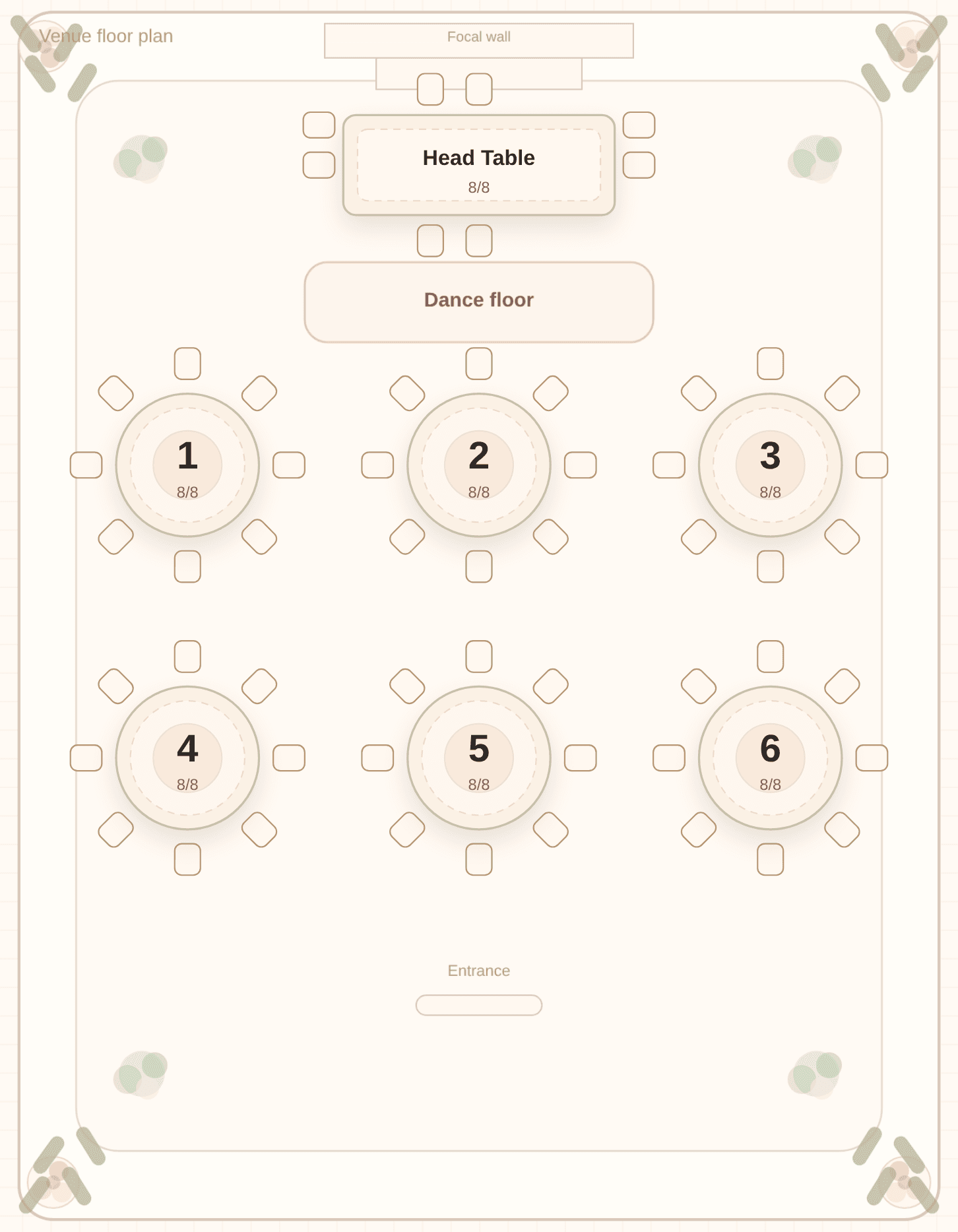 Solved seating chart in the classic ballroom layout, captured from the Tablecharm editor