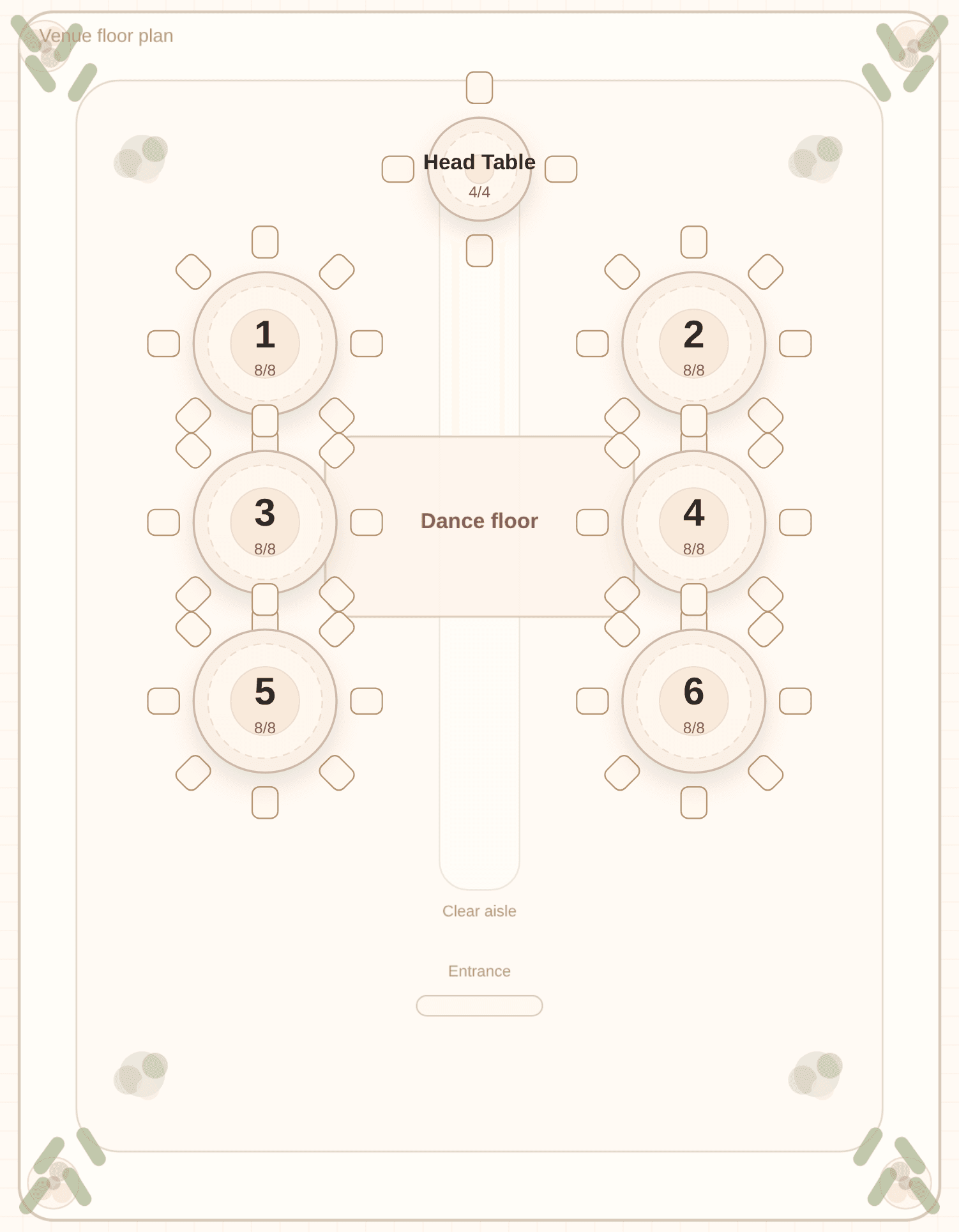 Solved seating chart in the garden or tent layout, captured from the Tablecharm editor