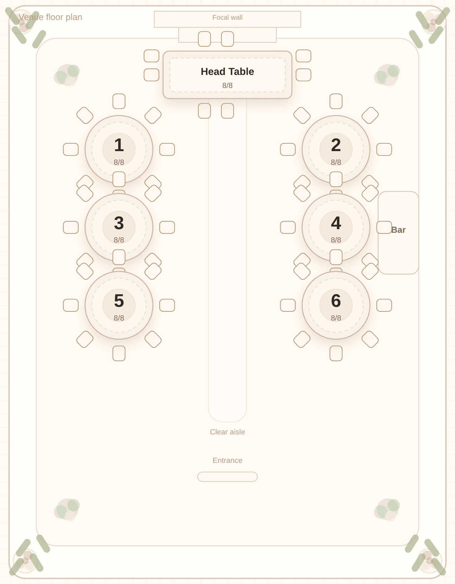 Solved seating chart in a long hall with a center aisle, captured from the Tablecharm editor