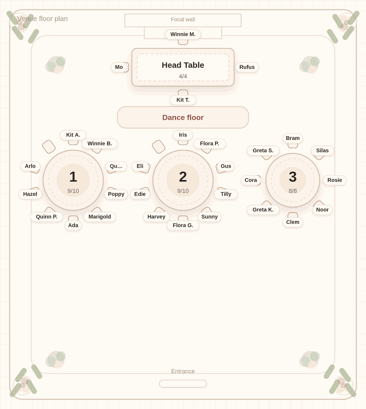Solved seating chart for a 30-guest wedding: a head table of four, two round tables of ten holding nine each, and one full round table of eight