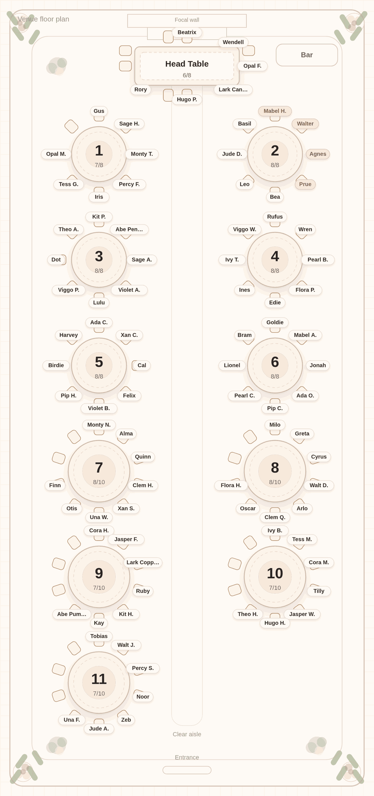 Solved seating chart for 90 wedding guests in a long hall: grandparents and a great-aunt seated together at Table 2 in the first row beside the head table