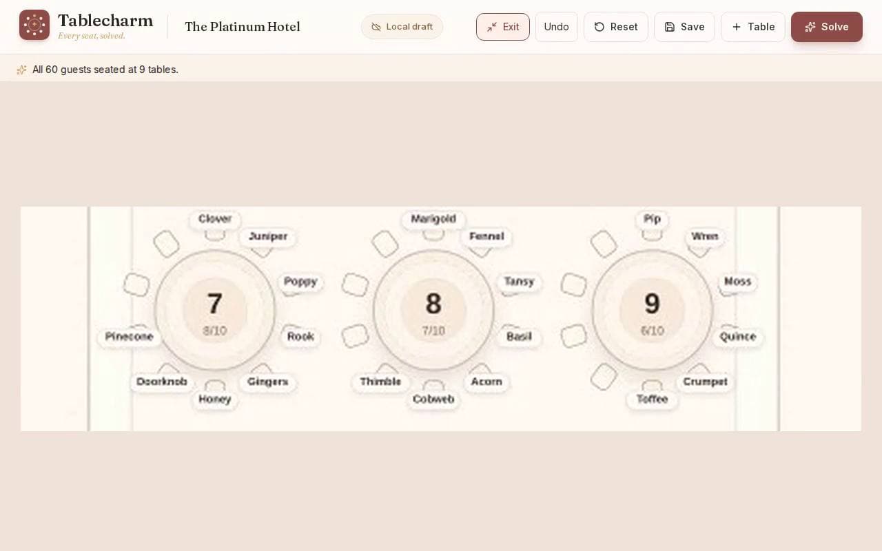 The Tablecharm editor after seating a wedding, captured from the app.